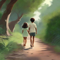 A high-quality digital art image displays a boy in shorts and his little sister in a dress, ambling down a road that meanders through a dense bush