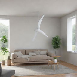 An ultra-efficient, silent home wind turbine, structured with modern design elements, sleek curvature for optimal wind capture, in a compact, household-friendly size.