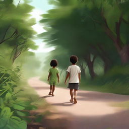 A high-quality digital art image displays a boy in shorts and his little sister in a dress, ambling down a road that meanders through a dense bush