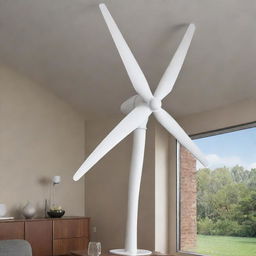 An ultra-efficient, silent home wind turbine, structured with modern design elements, sleek curvature for optimal wind capture, in a compact, household-friendly size.