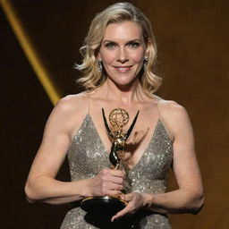 Rhea Seehorn, elegantly dressed, jubilantly holding a shiny Emmy award in her hands under a spotlight