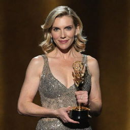 Rhea Seehorn, elegantly dressed, jubilantly holding a shiny Emmy award in her hands under a spotlight