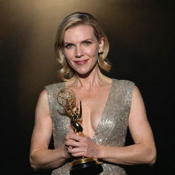 Rhea Seehorn, elegantly dressed, jubilantly holding a shiny Emmy award in her hands under a spotlight