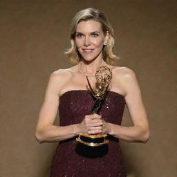 Rhea Seehorn, elegantly dressed, jubilantly holding a shiny Emmy award in her hands under a spotlight