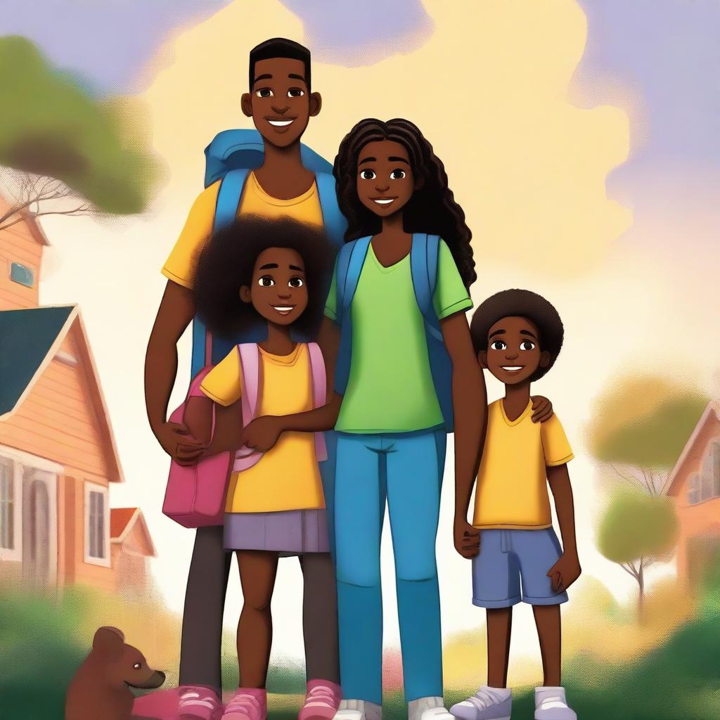 A high-quality digital art image depicts Fernanda, a young black girl with a backpack, surrounded by her family