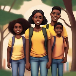 A high-quality digital art image depicts Fernanda, a young black girl with a backpack, surrounded by her family