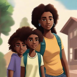 A high-quality digital art image depicts Fernanda, a young black girl with a backpack, surrounded by her family