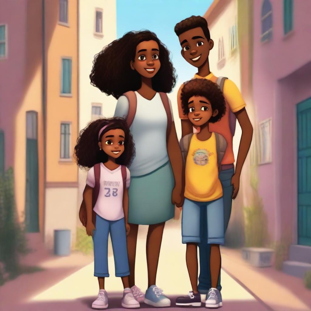 A high-quality digital art image depicts Fernanda, a young black girl with a backpack, surrounded by her family