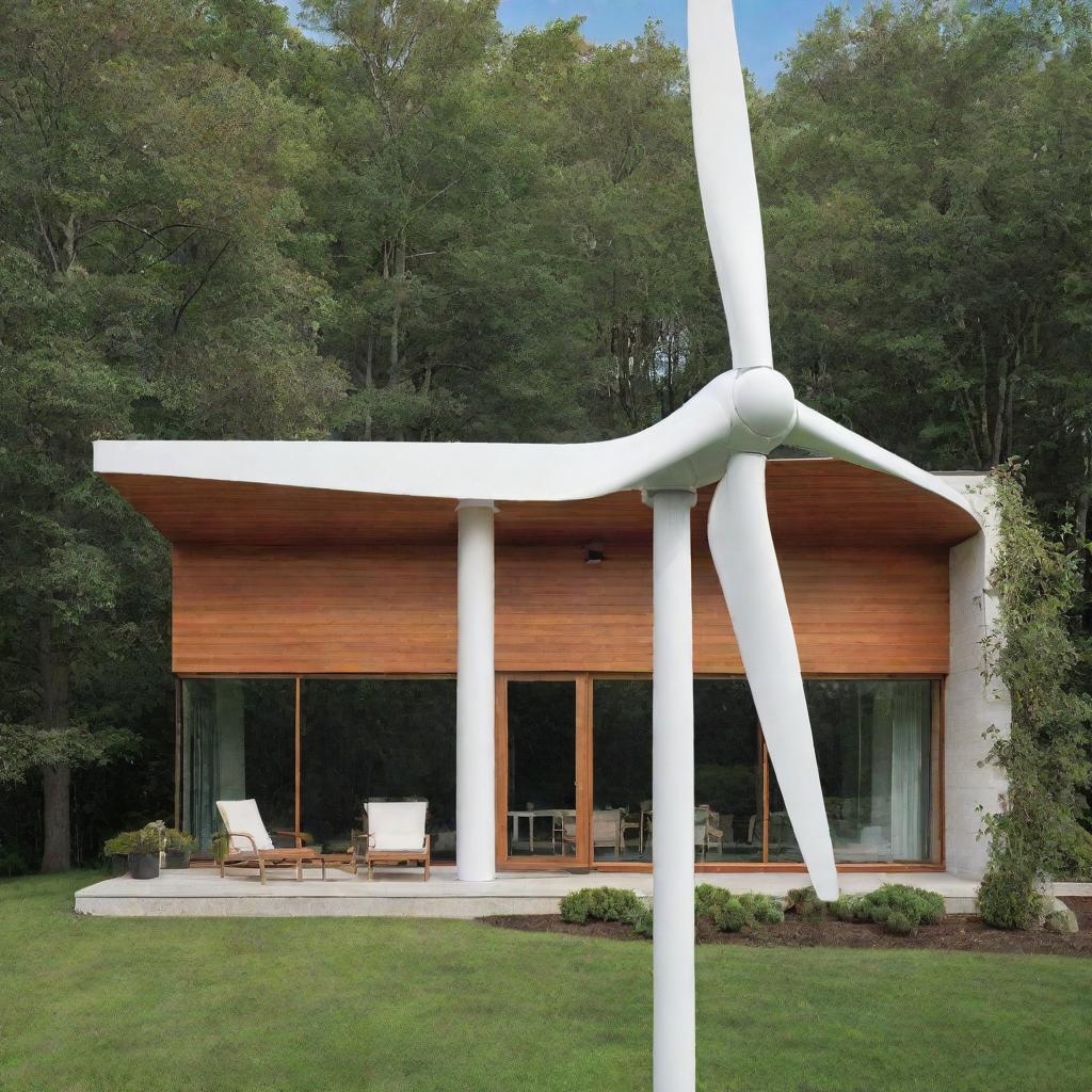 An ultra-efficient, silent home wind turbine, structured with modern design elements, sleek curvature for optimal wind capture, in a compact, household-friendly size.