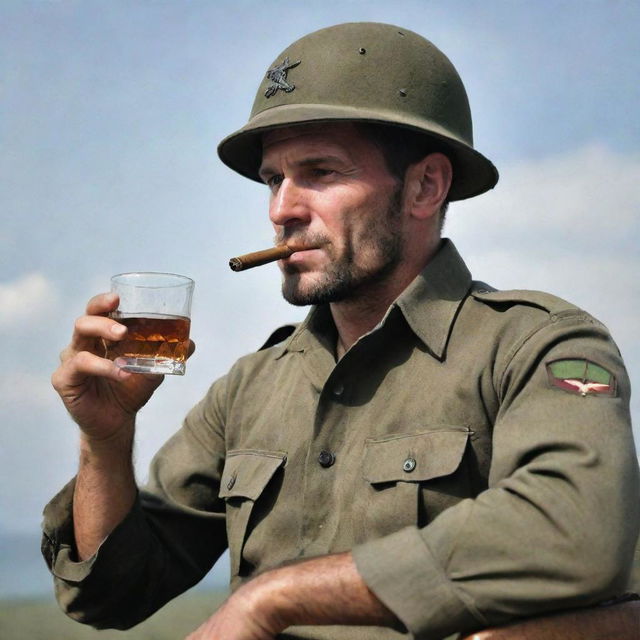 A commando soldier in khaki uniform sipping whiskey and smoking a cigar with Death itself.