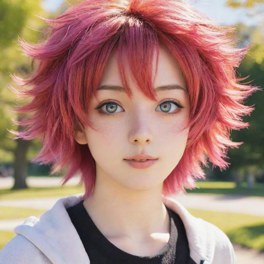 Detailed anime character with vibrant hair and expressive eyes in a sunny park setting.