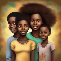 A captivating digital art image showcasing Fernanda, a young black girl, with her twin brothers and parents