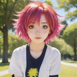 Detailed anime character with vibrant hair and expressive eyes in a sunny park setting.