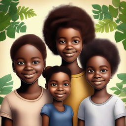 A captivating digital art image showcasing Fernanda, a young black girl, with her twin brothers and parents