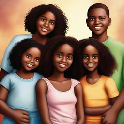 A captivating digital art image showcasing Fernanda, a young black girl, with her twin brothers and parents