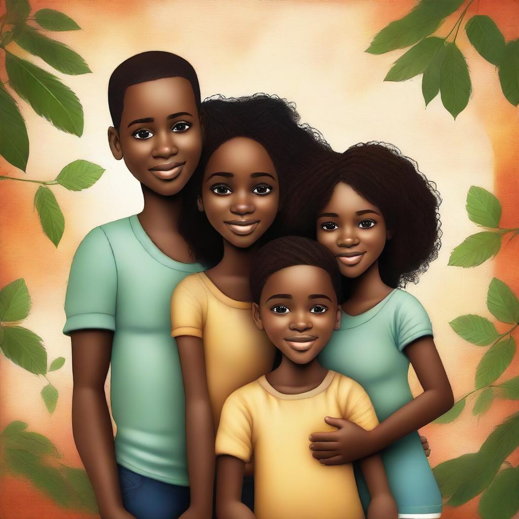 A captivating digital art image showcasing Fernanda, a young black girl, with her twin brothers and parents