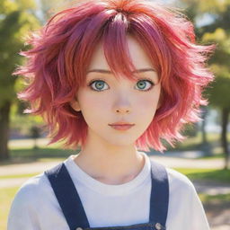 Detailed anime character with vibrant hair and expressive eyes in a sunny park setting.