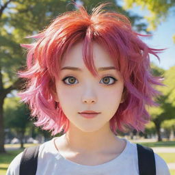 Detailed anime character with vibrant hair and expressive eyes in a sunny park setting.