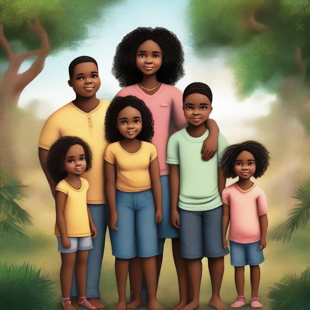 A high-quality digital art image depicts Fernanda, a young black girl, along with her twin brothers and parents