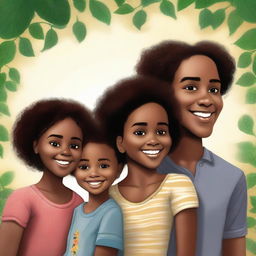 A high-quality digital art image depicts Fernanda, a young black girl, along with her twin brothers and parents