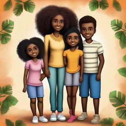 A high-quality digital art image depicts Fernanda, a young black girl, along with her twin brothers and parents