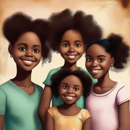 A high-quality digital art image depicts Fernanda, a young black girl, along with her twin brothers and parents