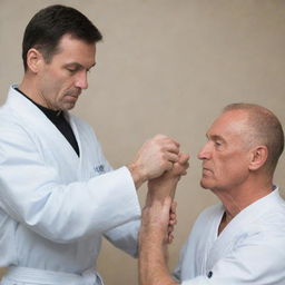 A muscular karate practitioner teaching medical semiotics.