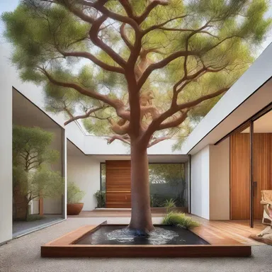 The architect incorporated a beautiful silky oak tree in the central courtyard of the house, adding a natural element to the design.