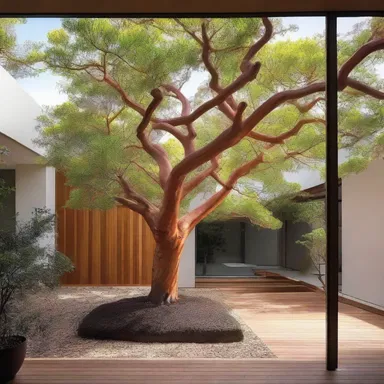 The architect incorporated a beautiful silky oak tree in the central courtyard of the house, adding a natural element to the design.