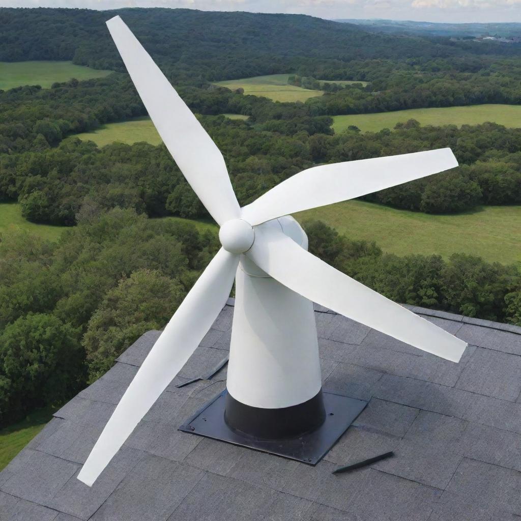 An ultra-efficient, silent wind turbine specifically designed for rooftop installation. Boasts a sleek, compact design that blends with a house roof, maintaining high wind energy capture efficiency.