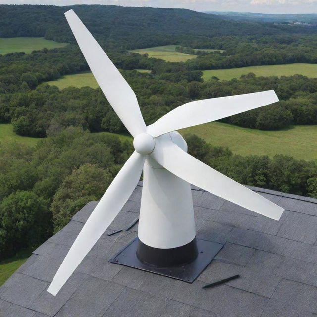 An ultra-efficient, silent wind turbine specifically designed for rooftop installation. Boasts a sleek, compact design that blends with a house roof, maintaining high wind energy capture efficiency.