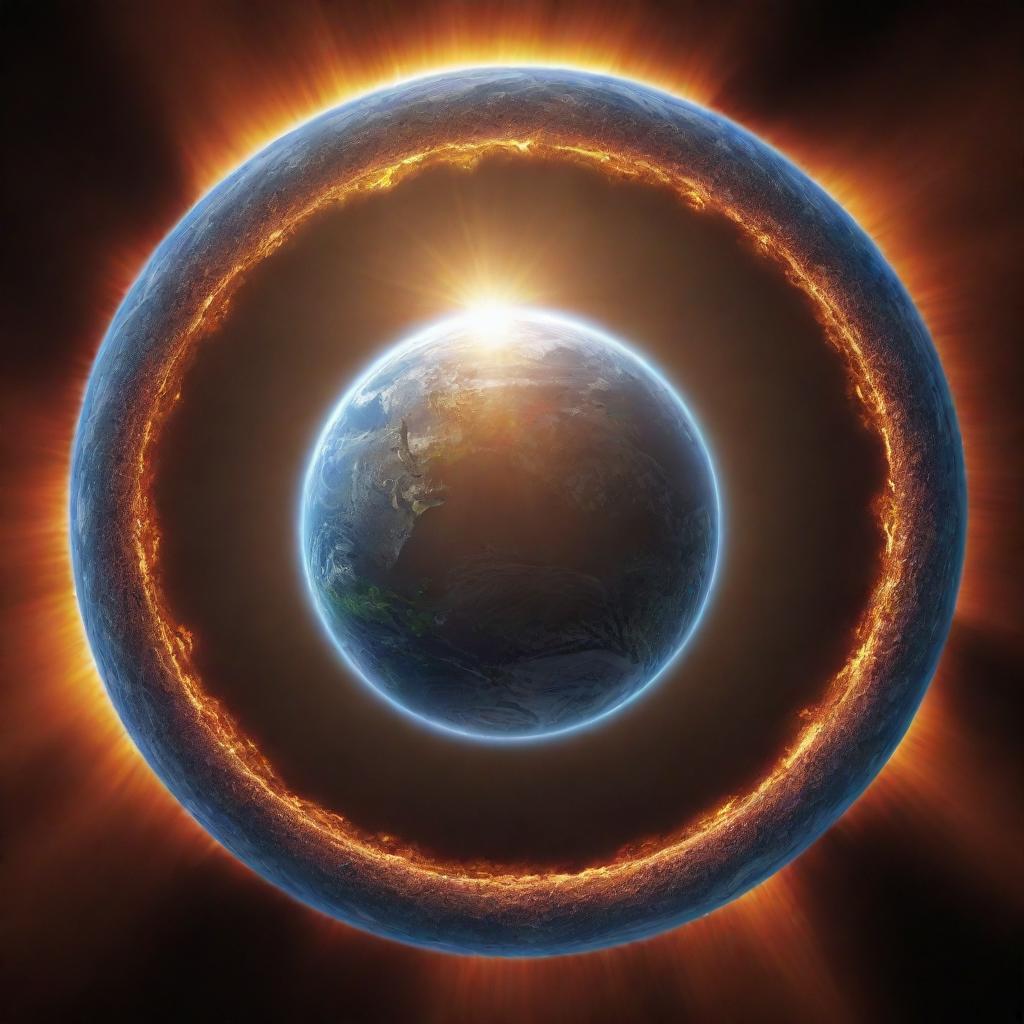 A vivid depiction of our planet encircled by a ring, with CO2 bubbles amassing, the penetrating sunrays bouncing back from the Earth's surface, and the illuminating sun in the backdrop