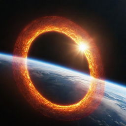 A vivid depiction of our planet encircled by a ring, with CO2 bubbles amassing, the penetrating sunrays bouncing back from the Earth's surface, and the illuminating sun in the backdrop