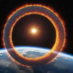 A vivid depiction of our planet encircled by a ring, with CO2 bubbles amassing, the penetrating sunrays bouncing back from the Earth's surface, and the illuminating sun in the backdrop