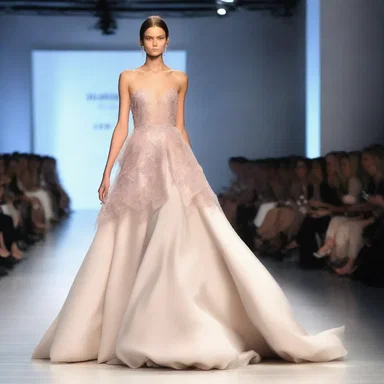 The runway model strutted down the catwalk wearing an exquisite gown, with a draft of delicate fragrance trailing behind her.