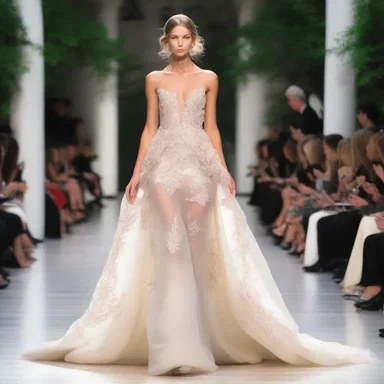 The runway model strutted down the catwalk wearing an exquisite gown, with a draft of delicate fragrance trailing behind her.