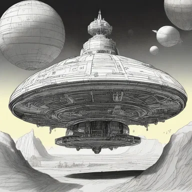 The artist created a detailed draft of the spaceship for the science fiction novel cover.