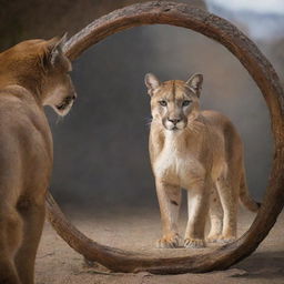 A Therian shape-shifter gazes into a mirror and sees a reflection showing their true form - a powerful and majestic mountain lion.