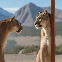 A Therian shape-shifter gazes into a mirror and sees a reflection showing their true form - a powerful and majestic mountain lion.