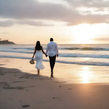 As the sun set over the horizon, the couple enjoyed a romantic evening by walking along the beach, feeling the cool draft coming from the ocean.