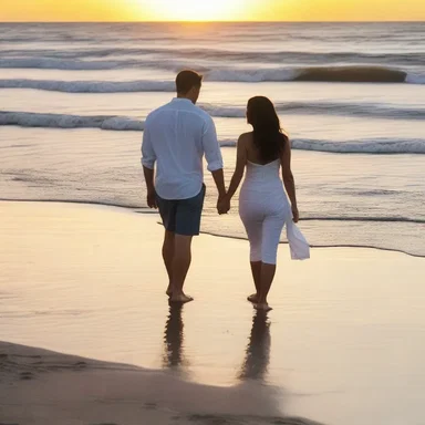 As the sun set over the horizon, the couple enjoyed a romantic evening by walking along the beach, feeling the cool draft coming from the ocean.