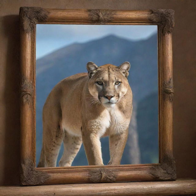 A Therian shape-shifter gazes into a mirror and sees a reflection showing their true form - a powerful and majestic mountain lion.