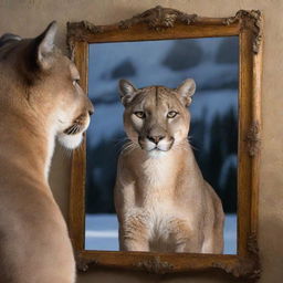 A Therian shape-shifter gazes into a mirror and sees a reflection showing their true form - a powerful and majestic mountain lion.