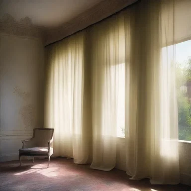 The artist captured the serenity of a quiet room by painting the delicate drafts of curtains billowing in the wind.