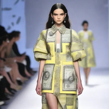 The fashion designer presented a unique collection inspired by money-related themes, including dresses adorned with prints resembling drafts and order of payment documents.