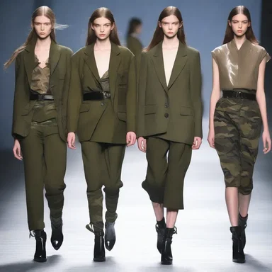 The fashion designer created a collection inspired by army uniforms, incorporating elements like drafted lines and camouflage prints.