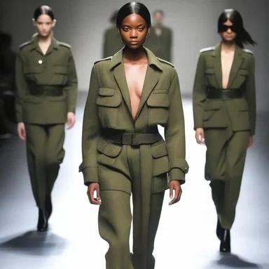 The fashion designer created a collection inspired by army uniforms, incorporating elements like drafted lines and camouflage prints.
