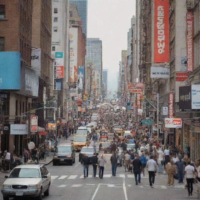 A bustling city street with various below-the-line marketing materials such as posters, banners, and street signs