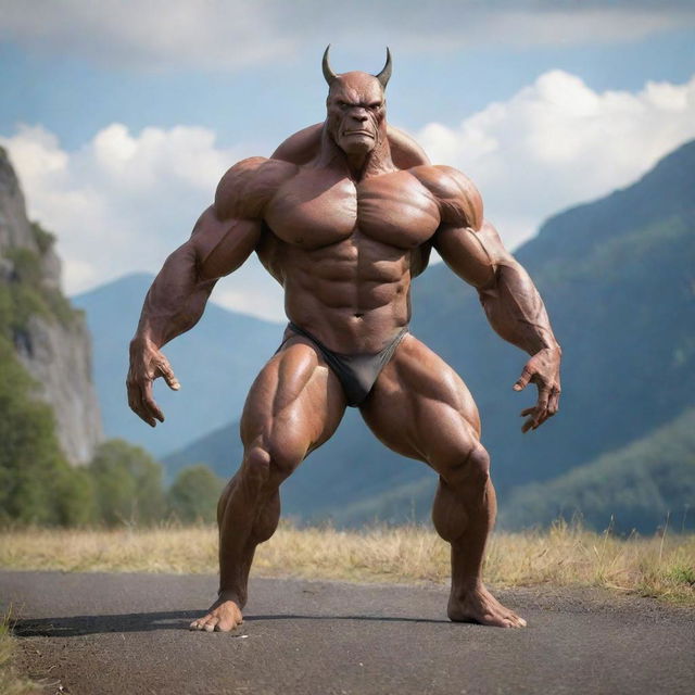 A Therian shape-shifter, transformed into a muscular animal form, practicing vigorous quadrobics training against a beautiful natural backdrop.