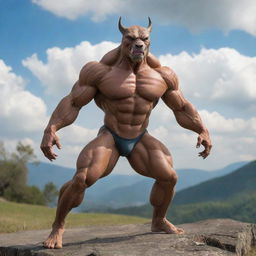 A Therian shape-shifter, transformed into a muscular animal form, practicing vigorous quadrobics training against a beautiful natural backdrop.